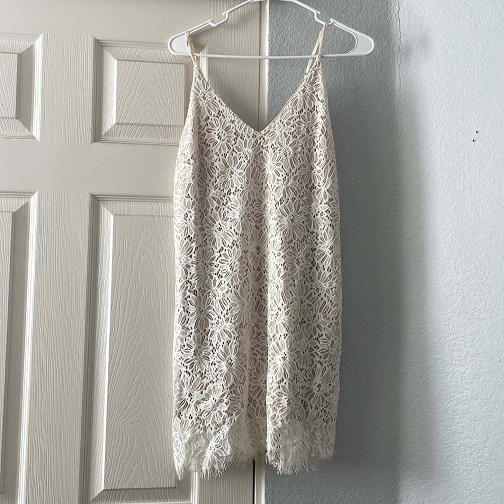 Adjustable Strapless White and Nude Lace Dress